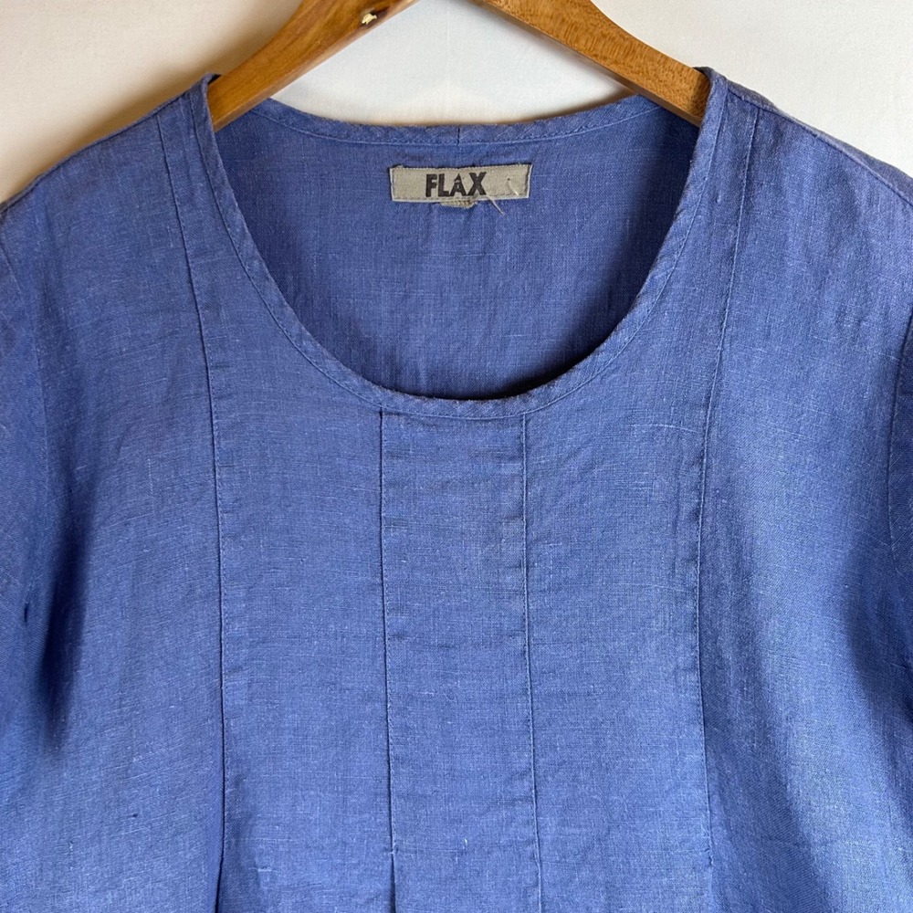 FLAX Womens Blue 100% Linen Short Sleeve Scoop Neck Boxy Top - Picture 6 of 8